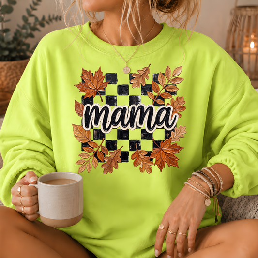 Mama Fall Leaves Checkerboard Crewneck Sweatshirt