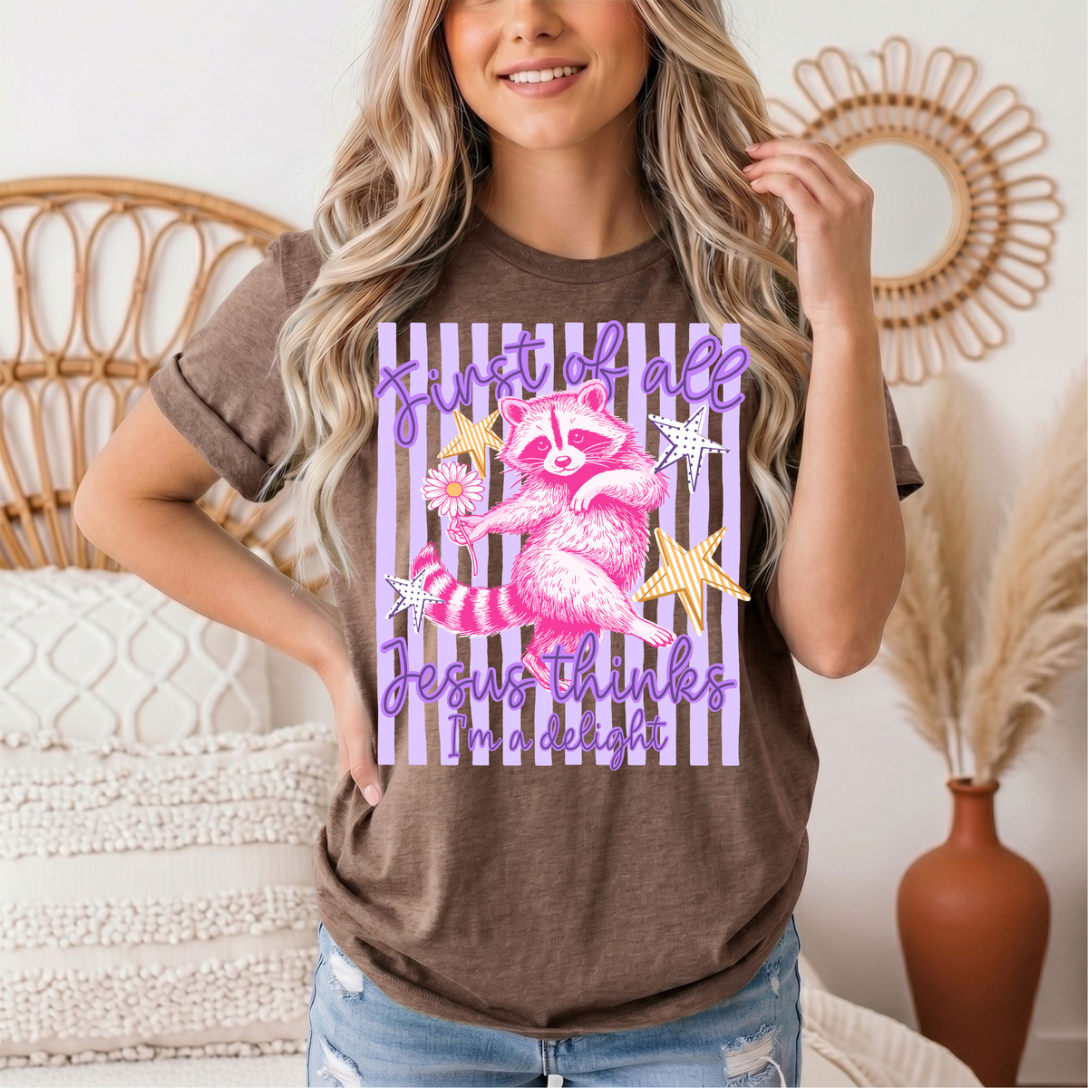 Jesus Thinks I'm a Delight Pink Raccoon Graphic Tee