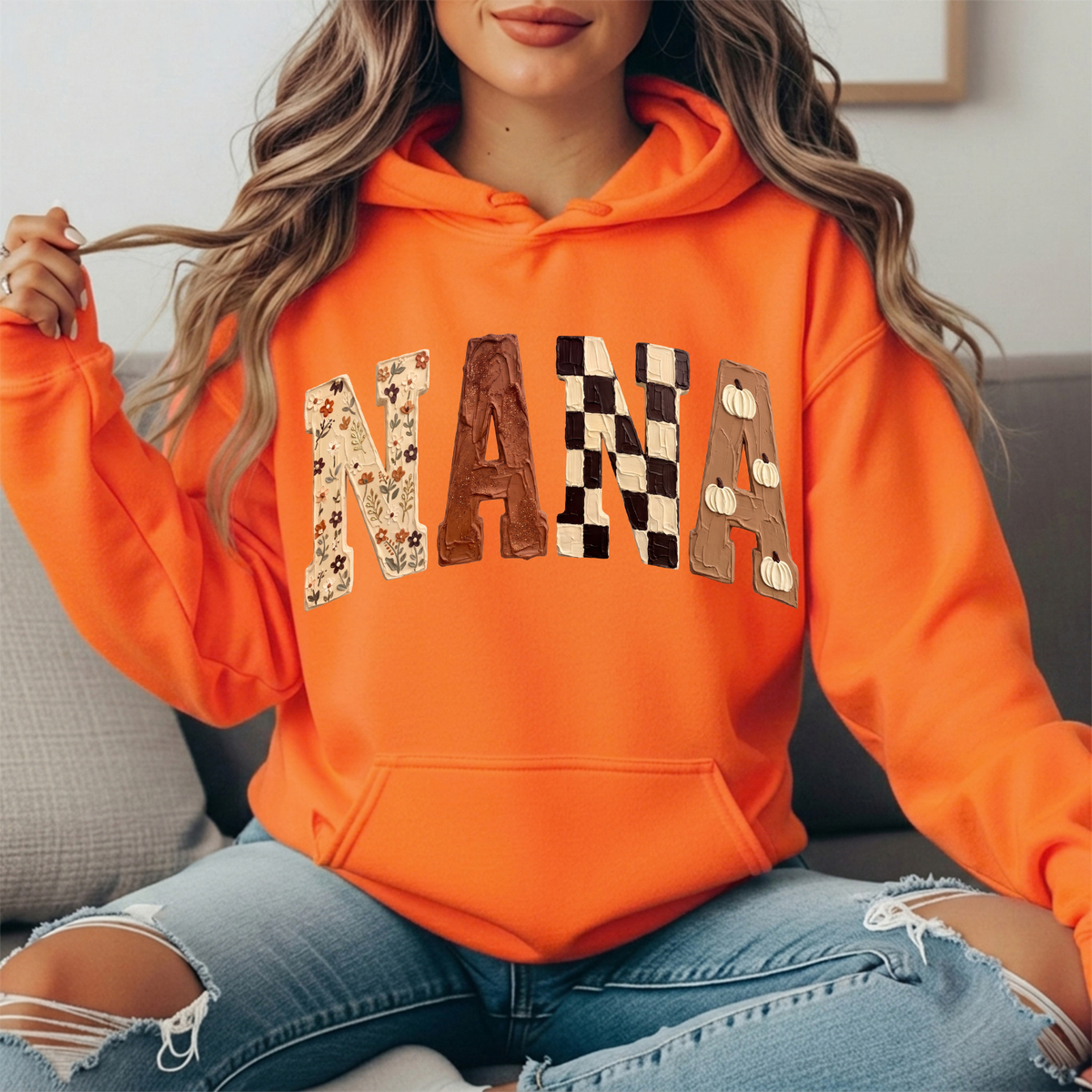 Nana Fall Floral, Checkerboard & Pumpkin Graphic Hoodie