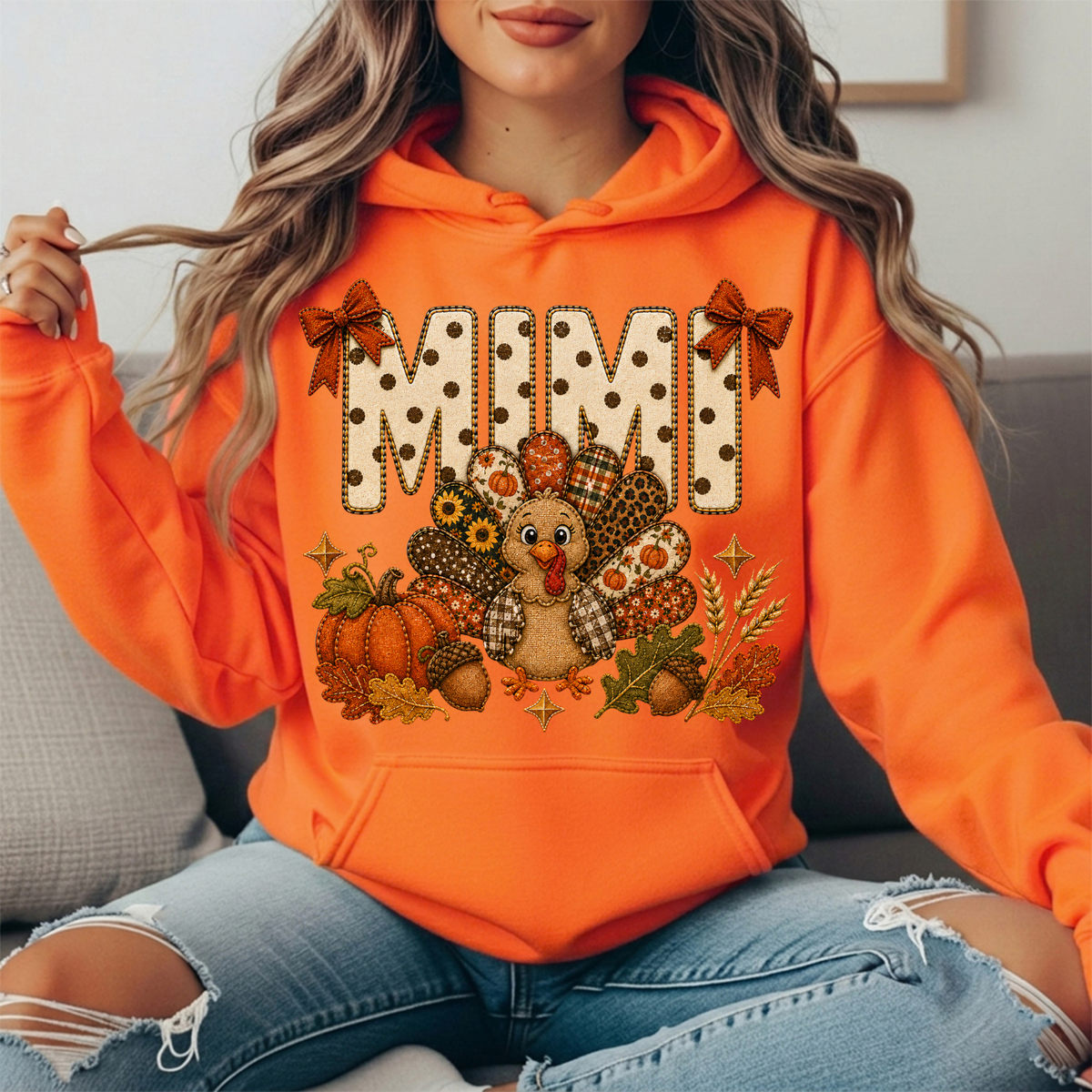 Mimi Thanksgiving Turkey & Rust Bows Graphic Hoodie