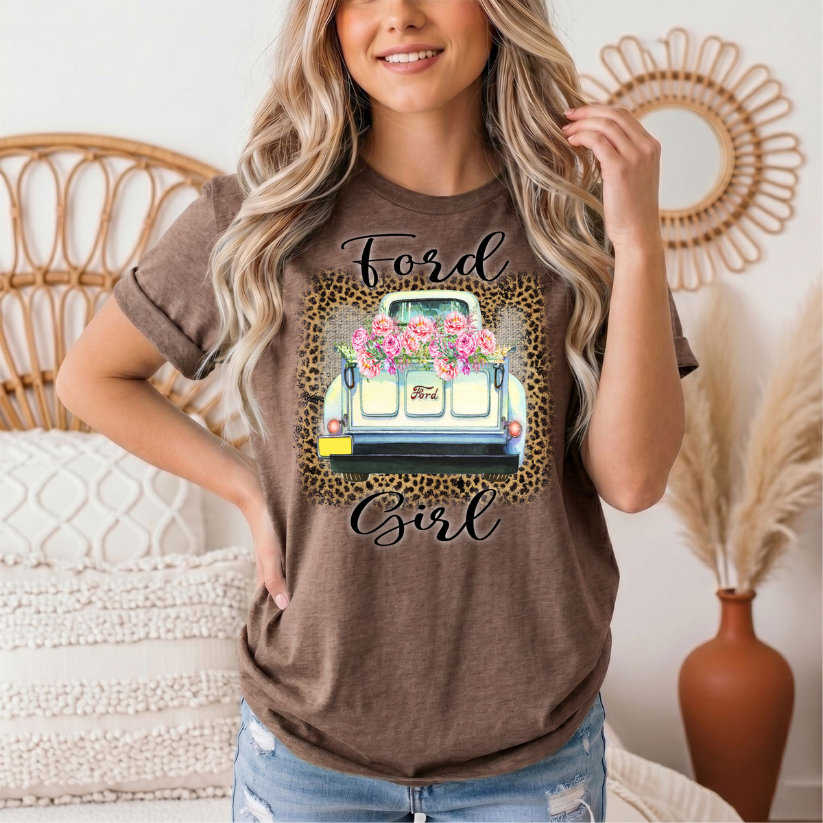 Ford Girl Floral Vintage Truck & Leopard Graphic Tee