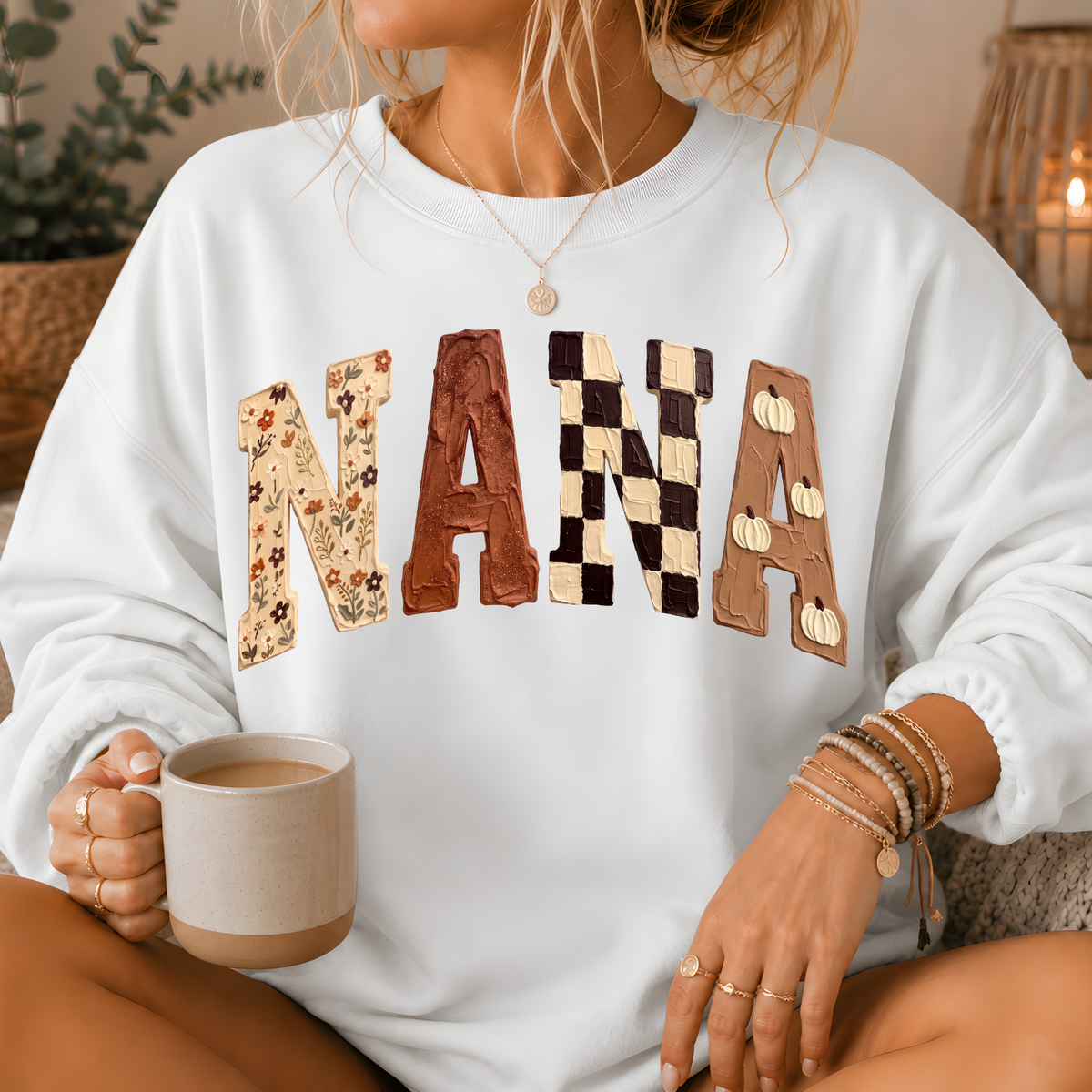Nana Fall Patchwork Print Crewneck Sweatshirt
