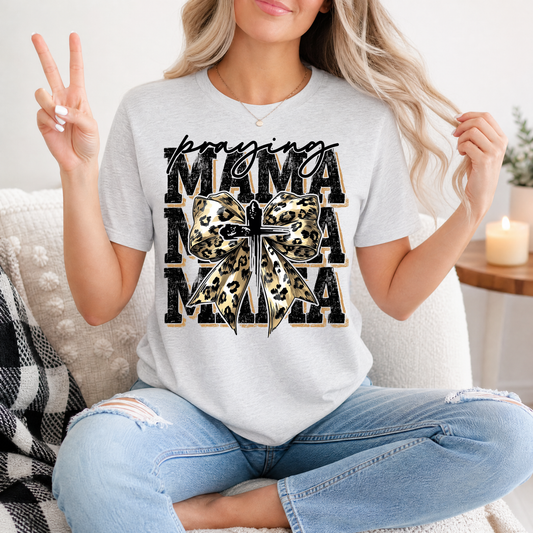 Praying Mama Leopard Bow & Cross Graphic Tee