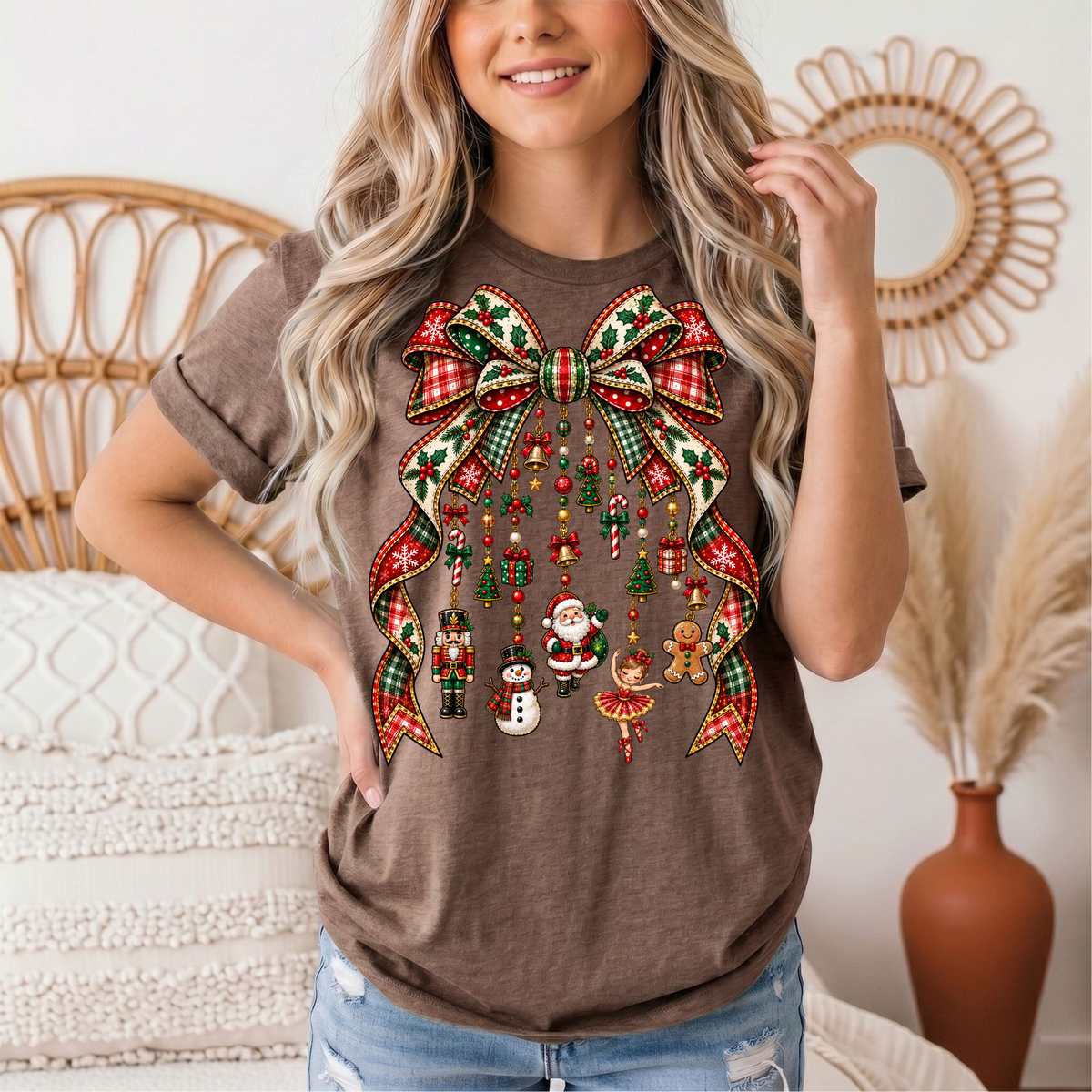 Christmas Plaid Bow & Holiday Charms Graphic Tee