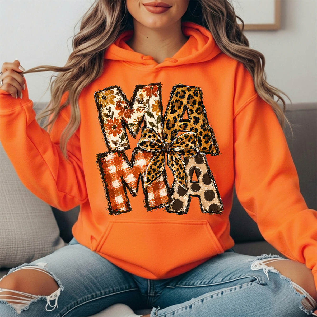 Mama Fall Patchwork & Leopard Bow Graphic Hoodie