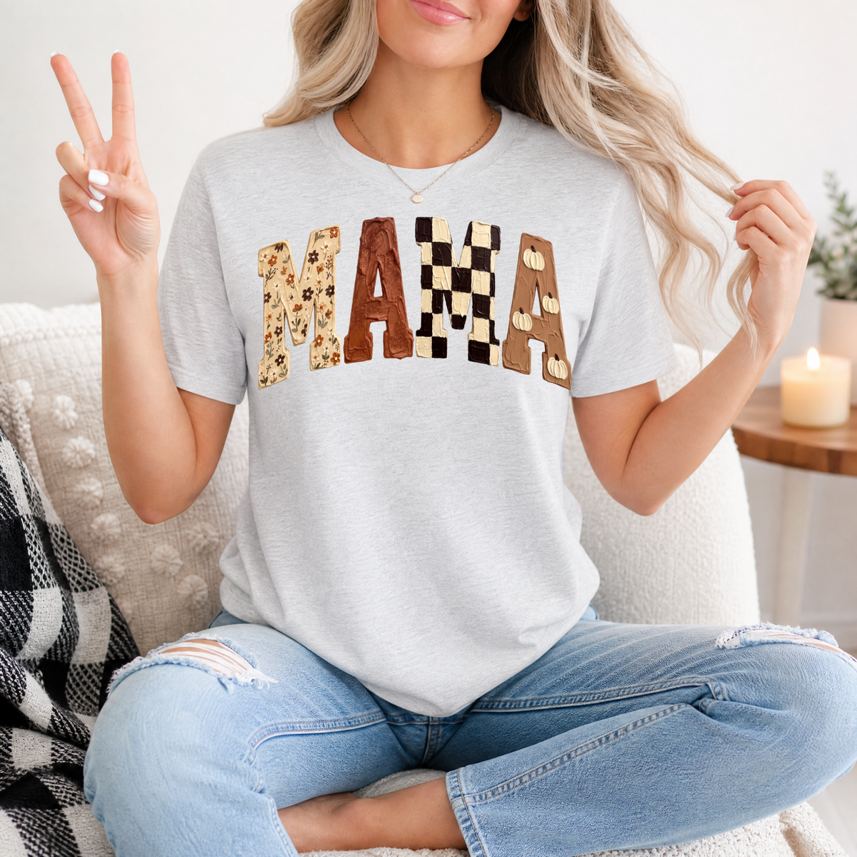 Fall Mama Floral, Checkerboard & Pumpkin Graphic Tee