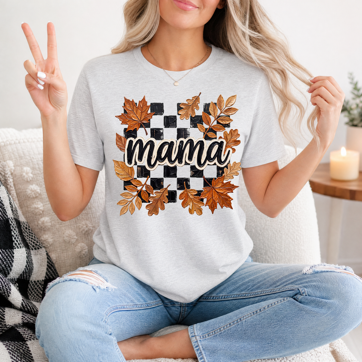 Mama Fall Leaves & Checkerboard Graphic Tee
