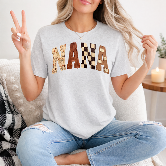 Fall Nana Floral, Checkerboard & Pumpkin Graphic Tee
