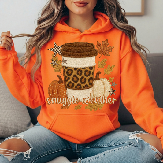 Snuggle Weather Faux Embroidery Coffee Hoodie Sweatshirt