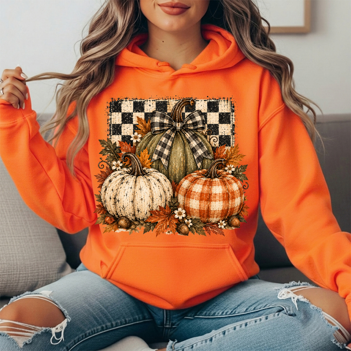 Rustic Fall Pumpkins Buffalo Check Bow Graphic Hoodie