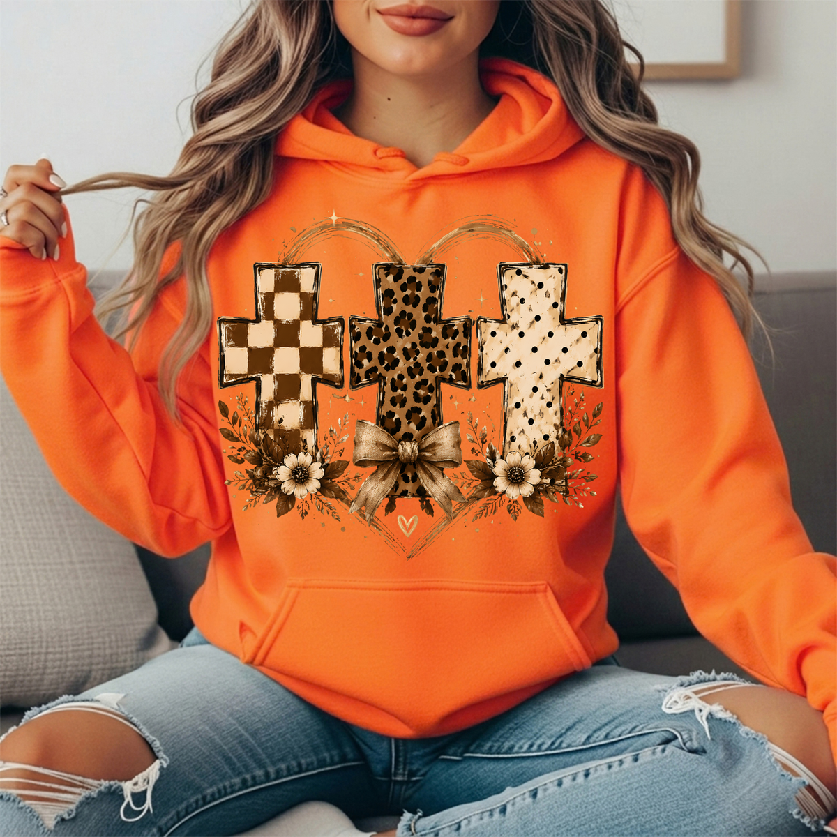Three Crosses Leopard Floral Bow Graphic Hoodie