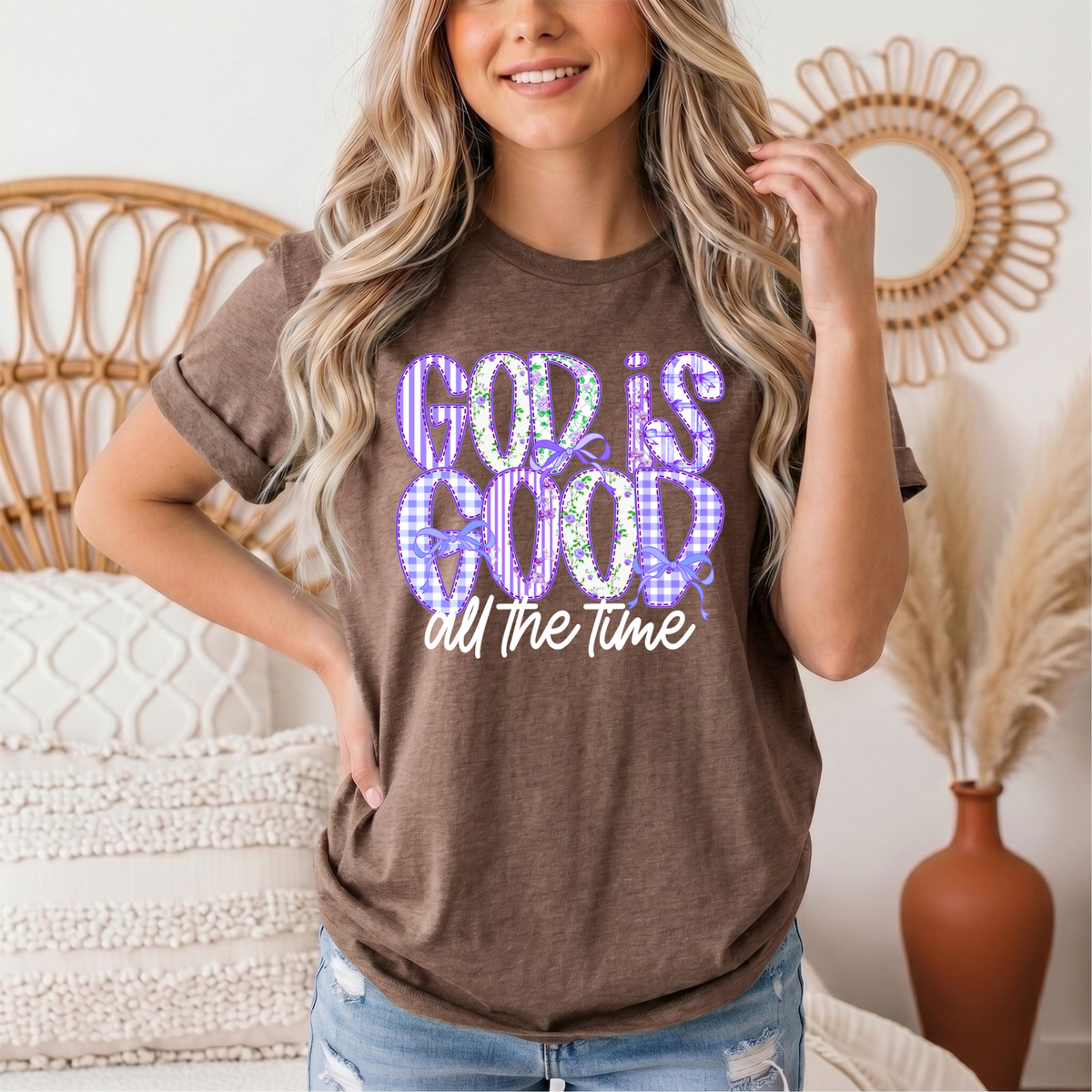 God Is Good All the Time Purple Bow Graphic Tee