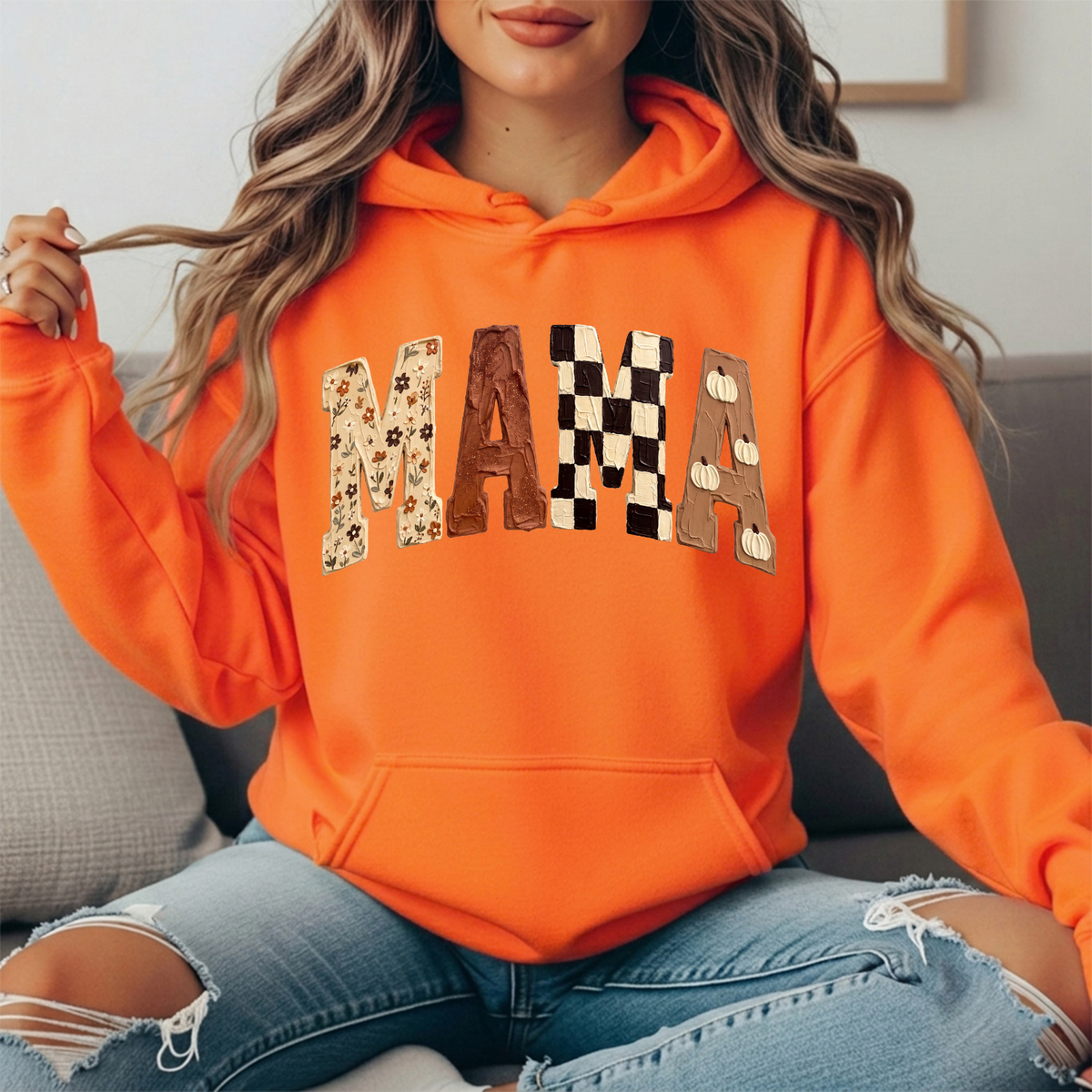 Mama Fall Floral, Checkerboard & Pumpkin Graphic Hoodie