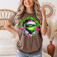 Grinchy Before Coffee Pink Checkerboard Christmas Graphic Tee