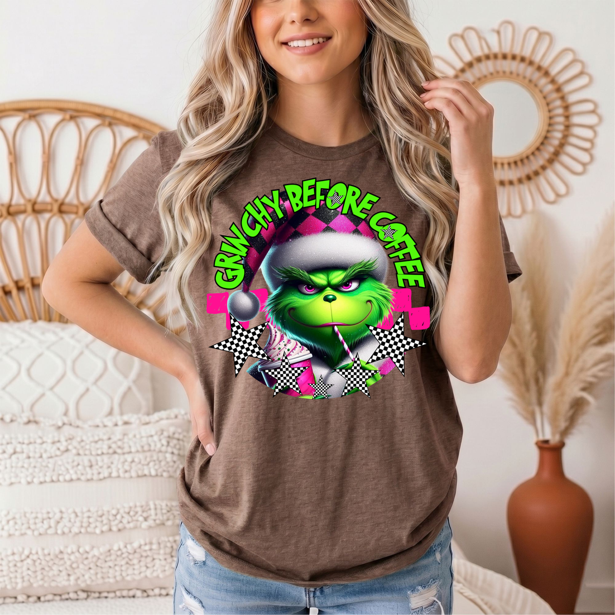 Grinchy Before Coffee Pink Checkerboard Christmas Graphic Tee