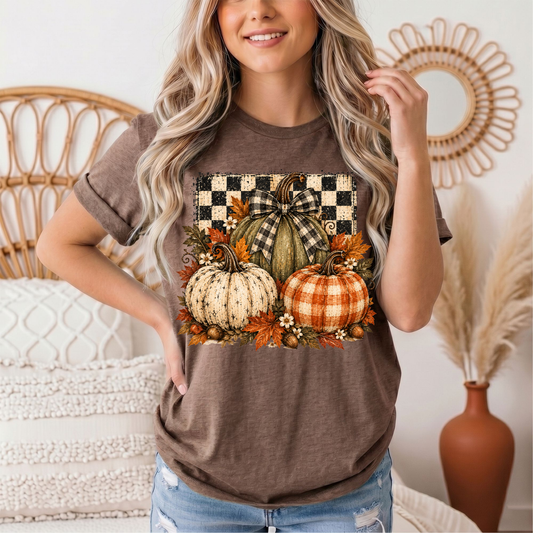 Rustic Fall Pumpkin Trio & Gingham Bow Graphic Tee