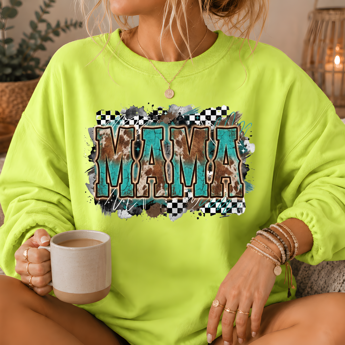 Mama Turquoise Cow Print Western Crewneck Sweatshirt
