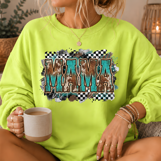 Mama Turquoise Cow Print Western Crewneck Sweatshirt