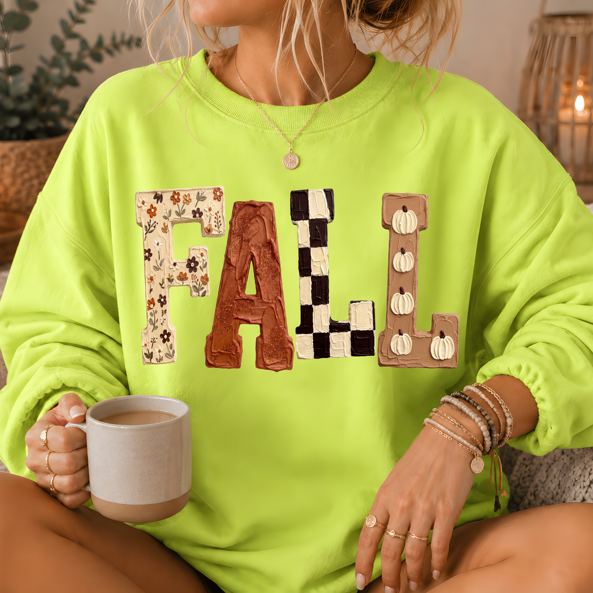 Fall Patchwork Print Crewneck Sweatshirt
