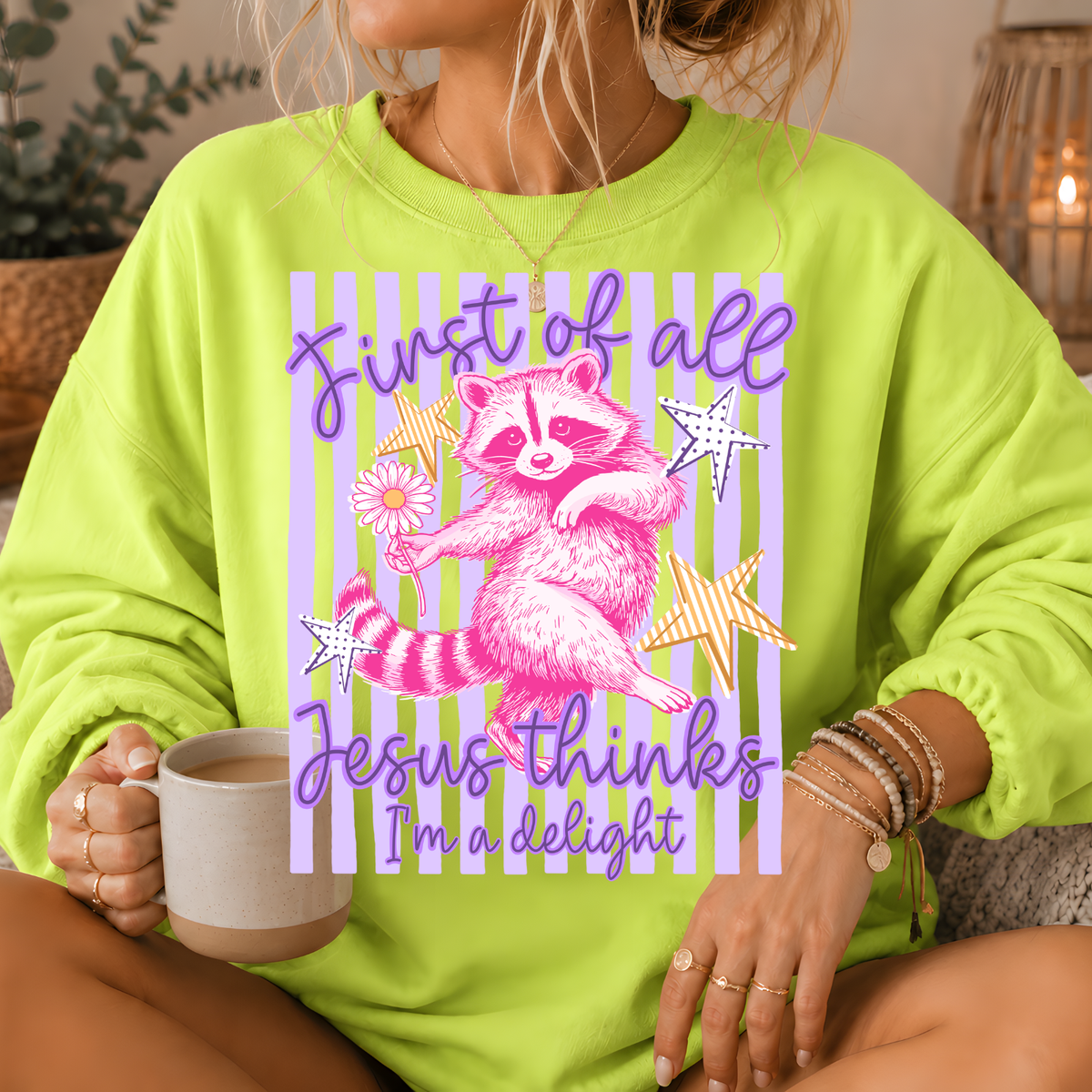 Jesus Thinks I'm a Delight Raccoon Crewneck Sweatshirt