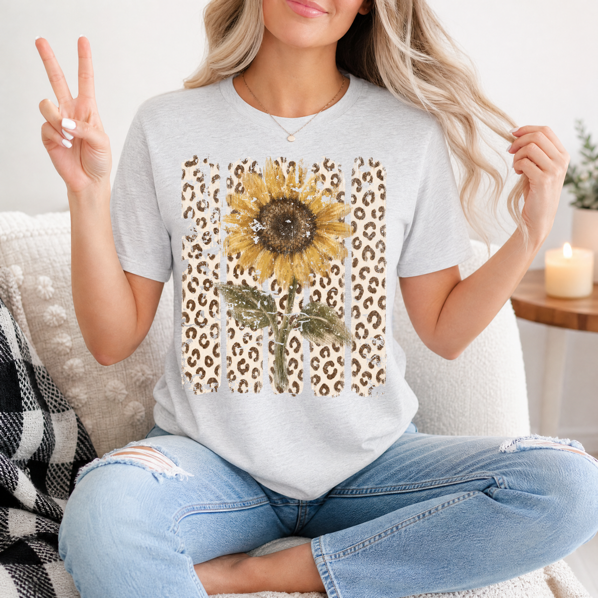 Distressed Sunflower & Leopard Print Graphic Tee