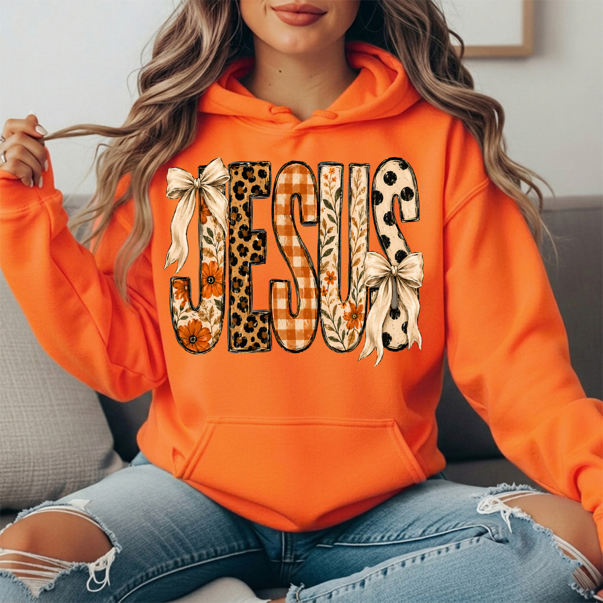 Jesus Patchwork Floral & Bow Graphic Hoodie