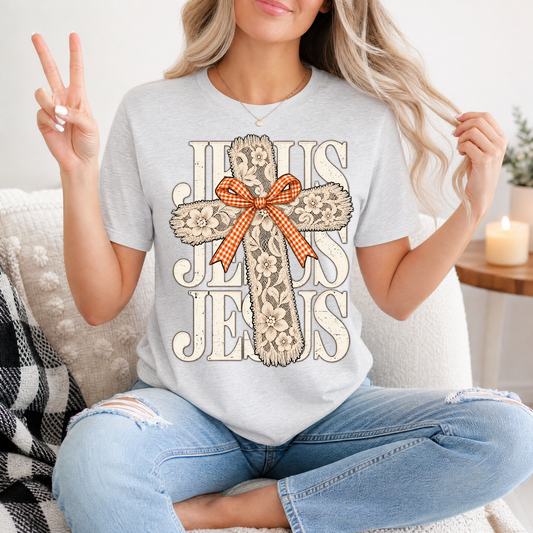 Jesus Lace Cross & Gingham Bow Christian Graphic Tee