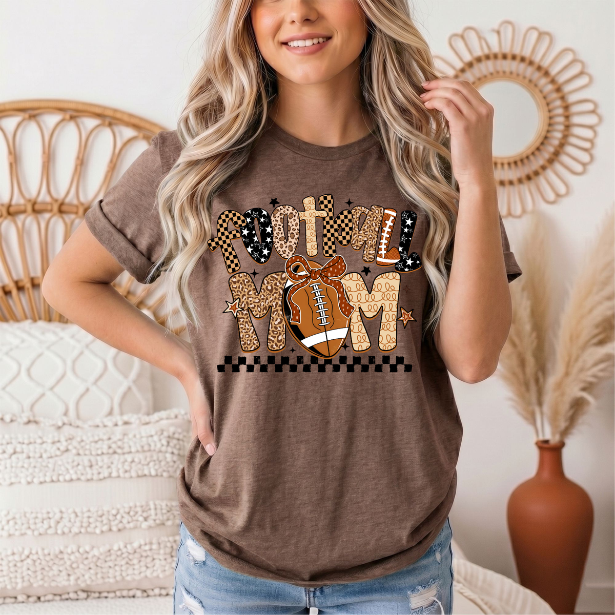 Football Mom Mixed Print Bow & Checkerboard Graphic Tee