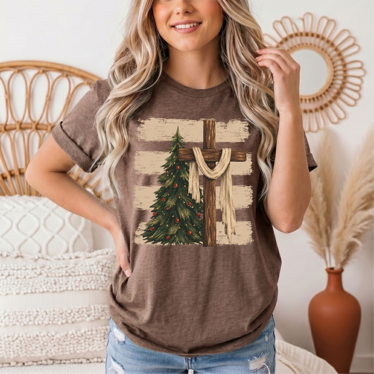Rustic Cross & Christmas Tree Christian Graphic Tee