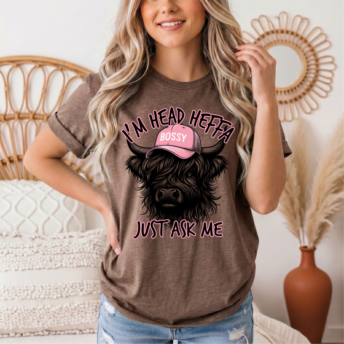 I'm Head Heffa Highland Cow Pink Bossy Cap Graphic Tee