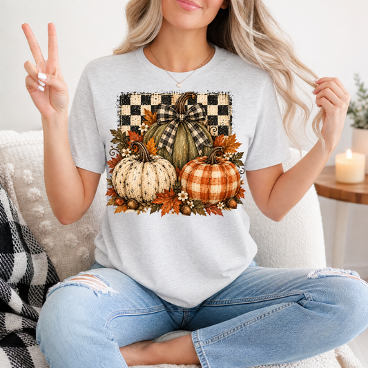 Rustic Fall Pumpkin Trio & Gingham Bow Graphic Tee