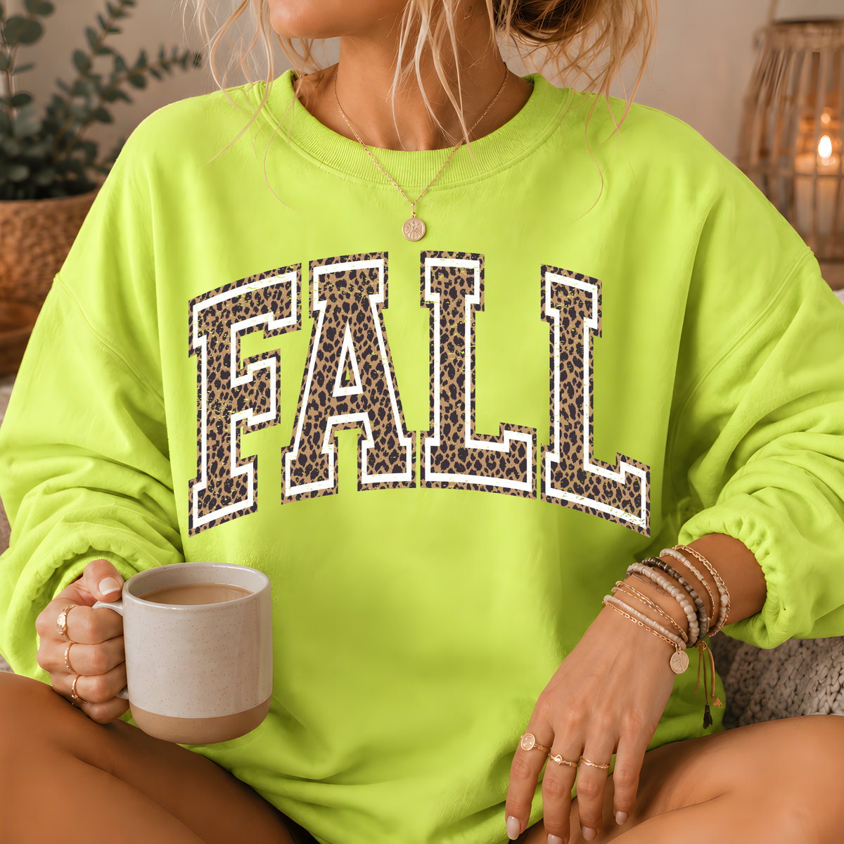 Fall Leopard Print Varsity Crewneck Sweatshirt