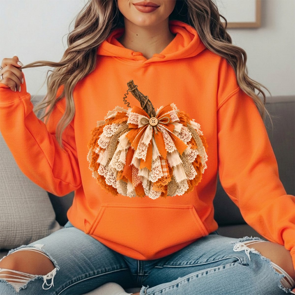 Rustic Lace & Burlap Pumpkin Graphic Hoodie