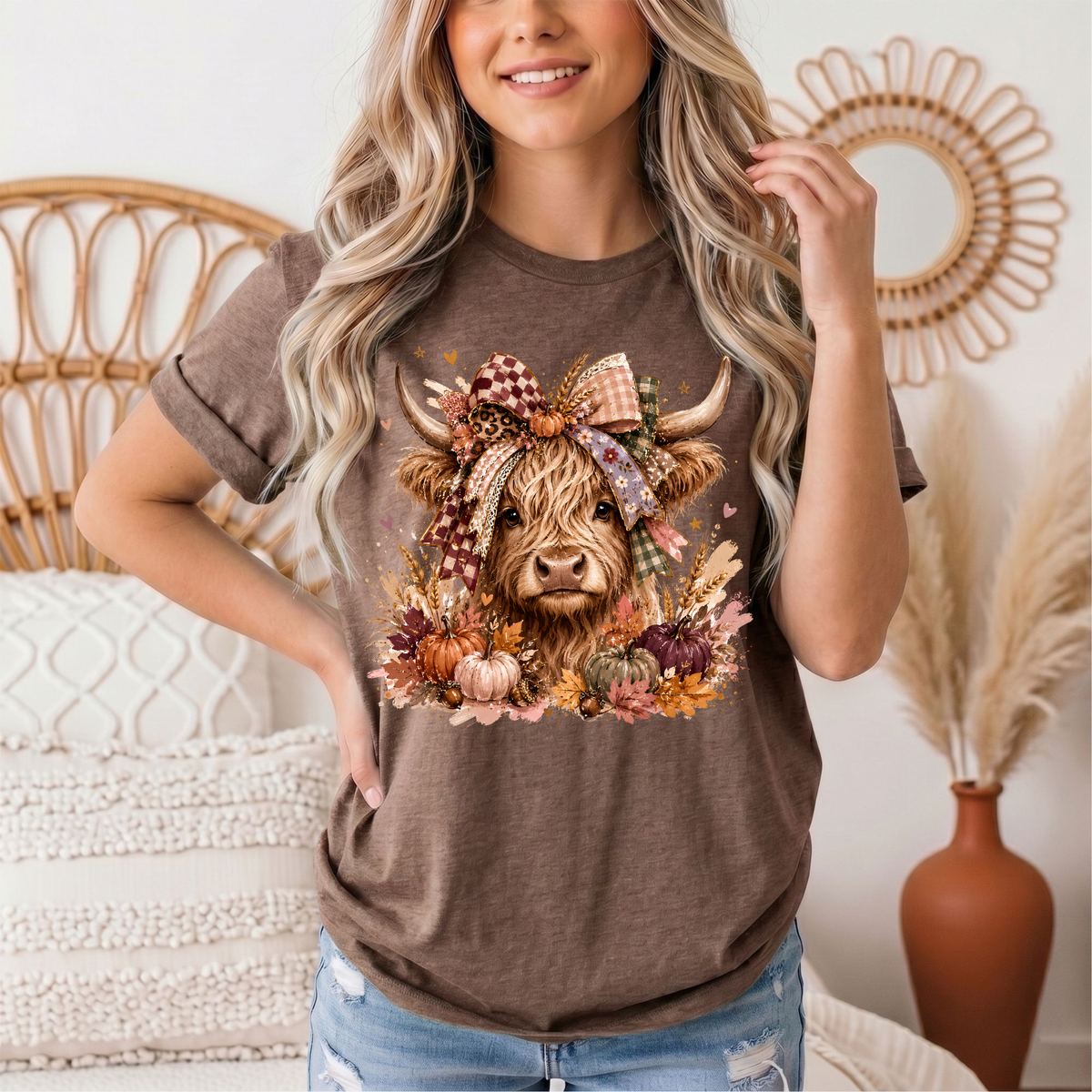 Fall Highland Cow Bow & Pumpkins Graphic Tee