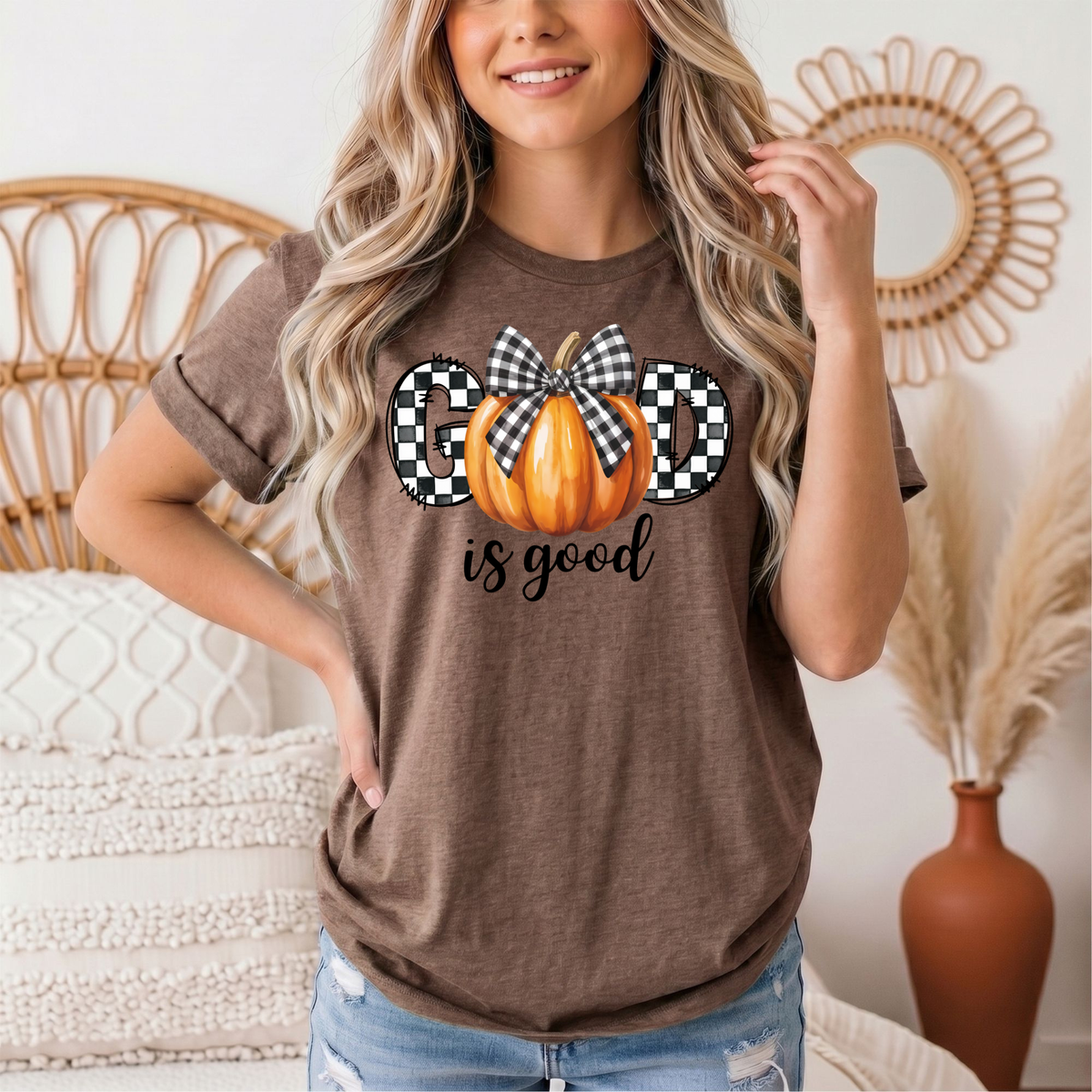 God Is Good Pumpkin & Gingham Bow Graphic Tee