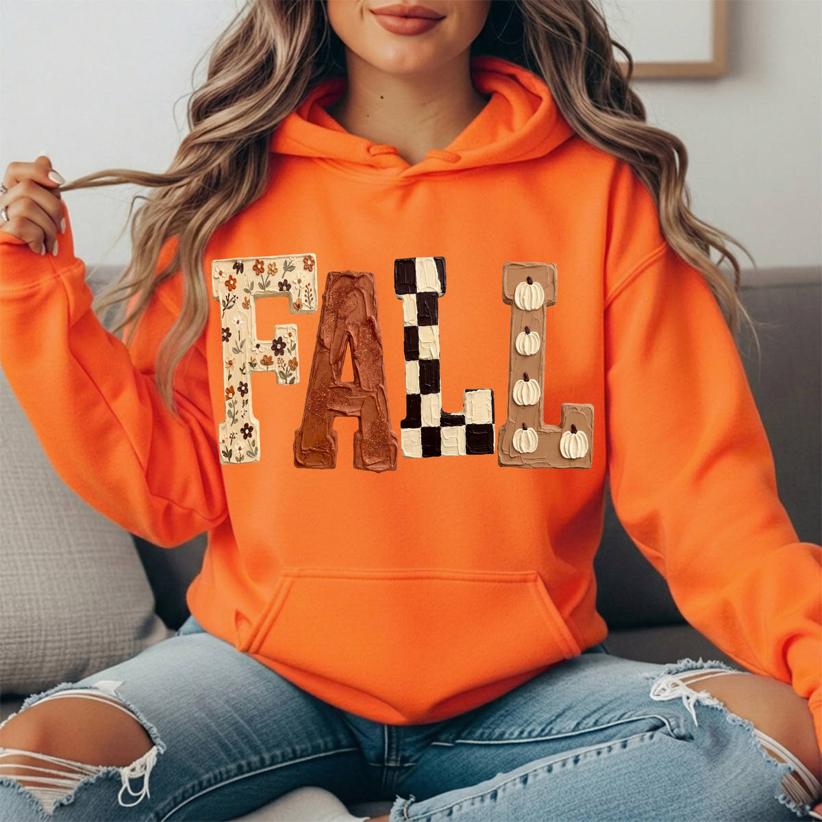 Fall Floral Checkerboard Pumpkin Lettering Graphic Hoodie
