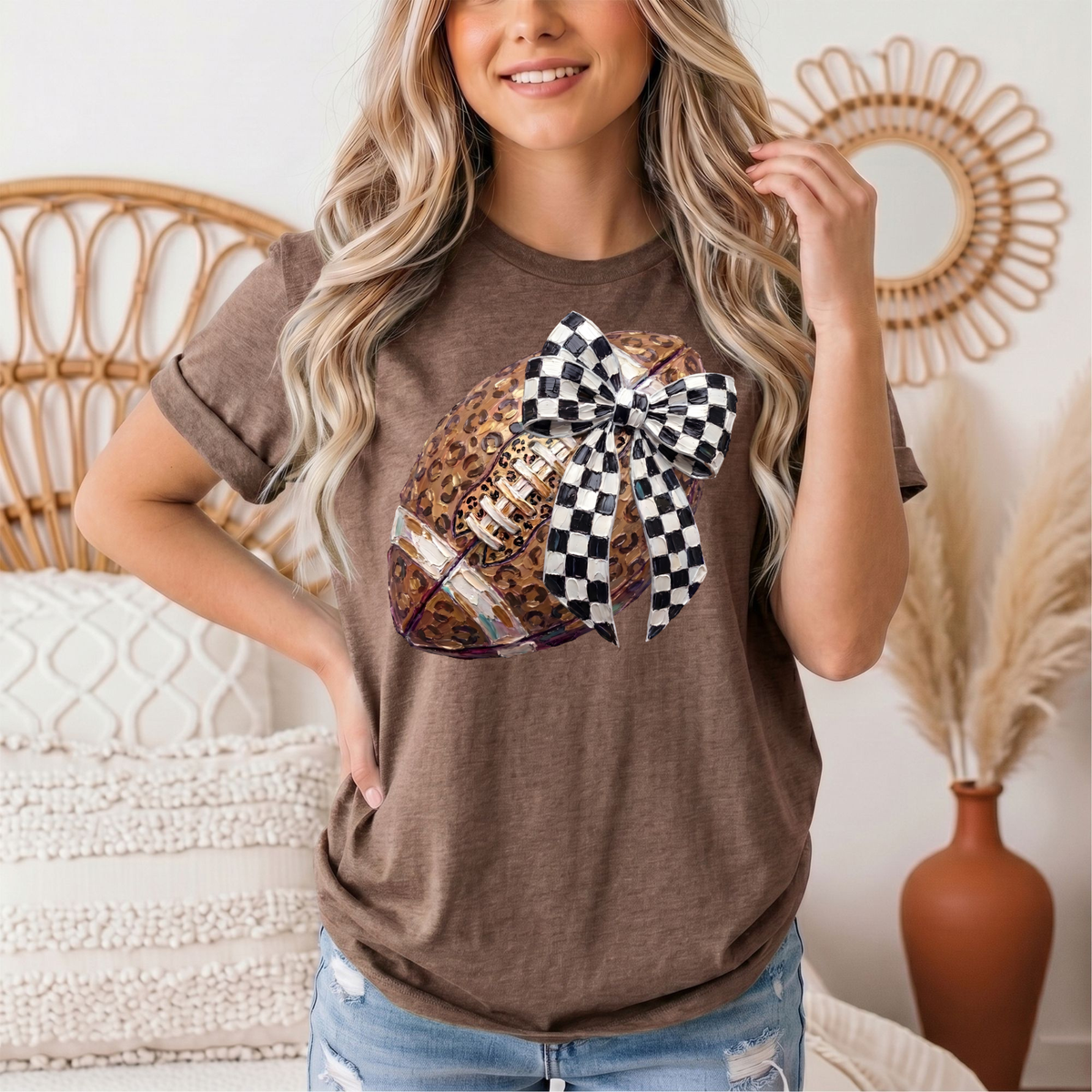 Leopard Football & Checkerboard Bow Graphic Tee
