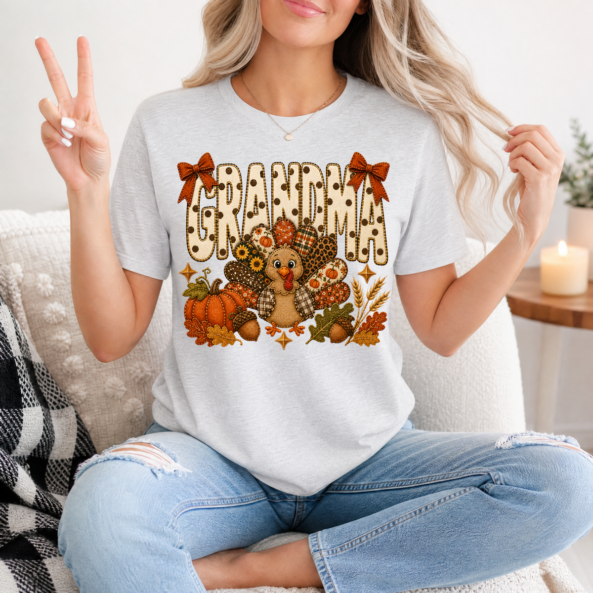 Grandma Thanksgiving Turkey & Bow Graphic Tee