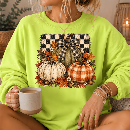 Pumpkin Plaid Bow Floral Crewneck Sweatshirt
