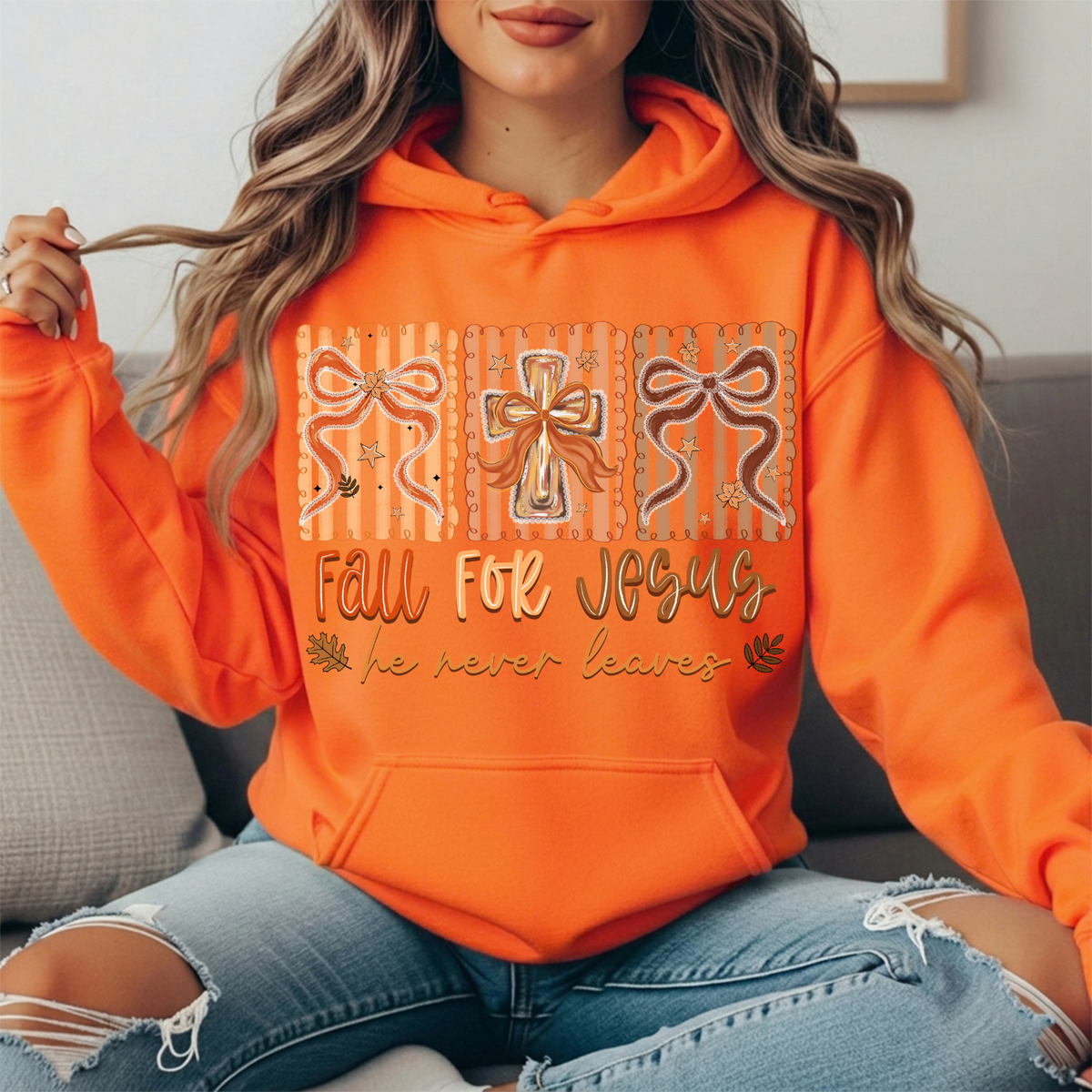 Fall for Jesus He Never Leaves Bow Cross Graphic Hoodie