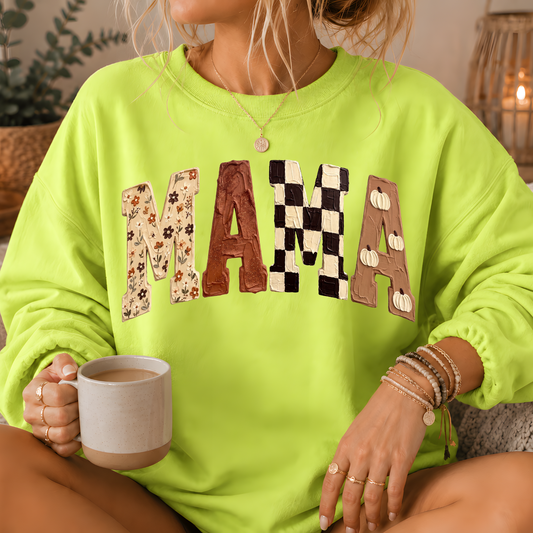 Mama Fall Patchwork Print Crewneck Sweatshirt