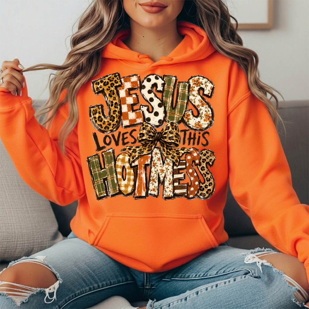 Jesus Loves This Hot Mess Leopard Bow Graphic Hoodie