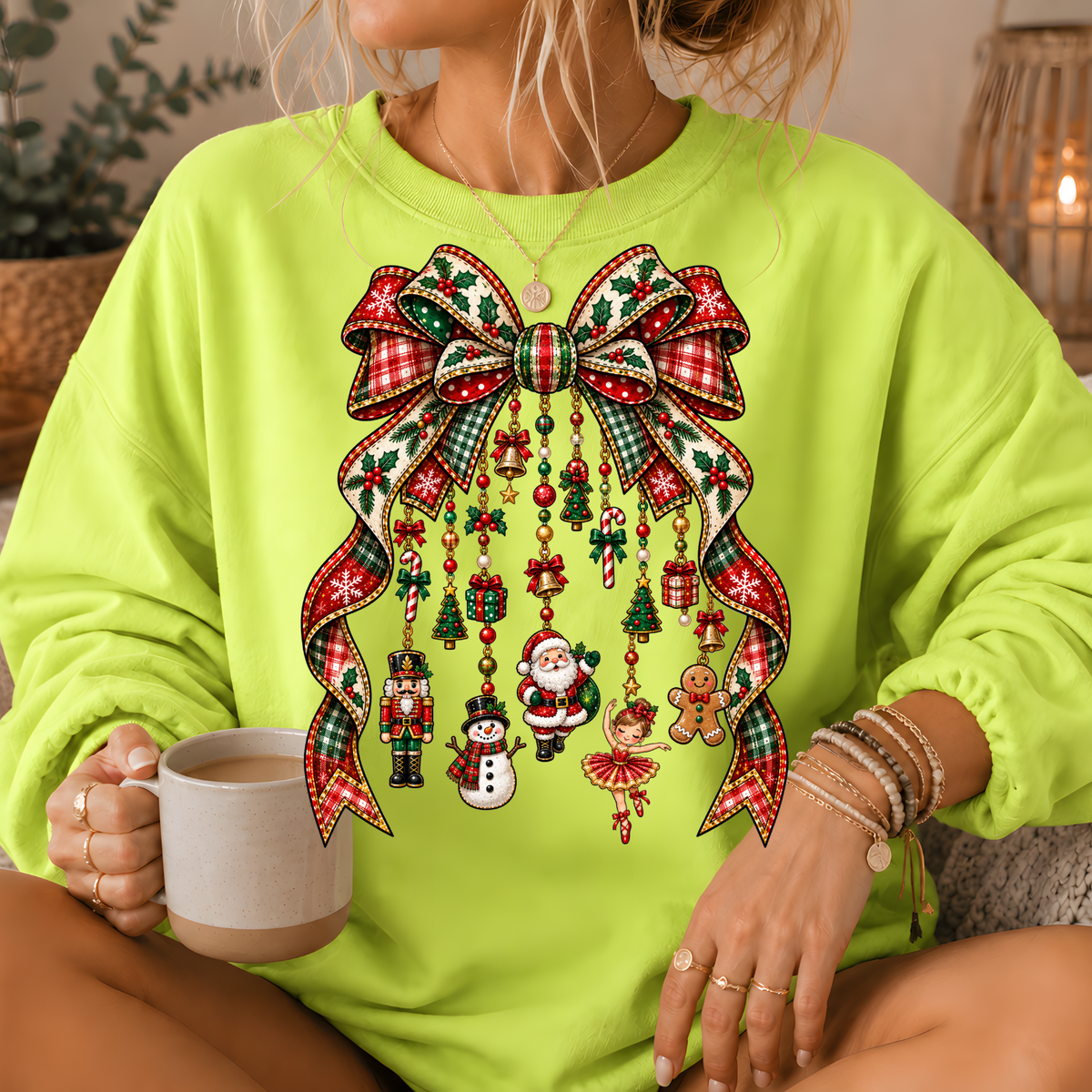 Christmas Plaid Bow Holiday Charms Crewneck Sweatshirt