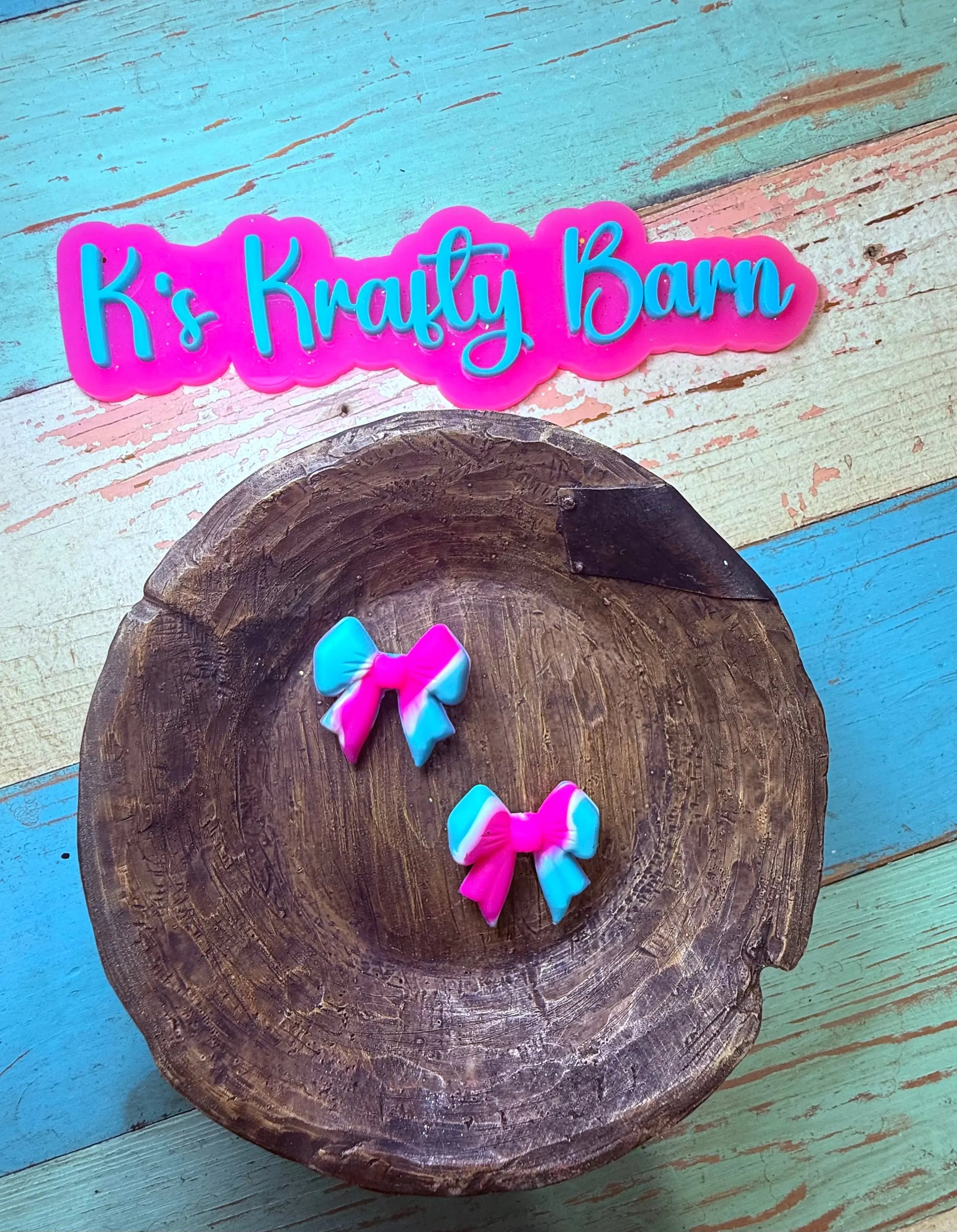 Silicone Focal Bead- Pink & Teal bow K's Krafty Barn
