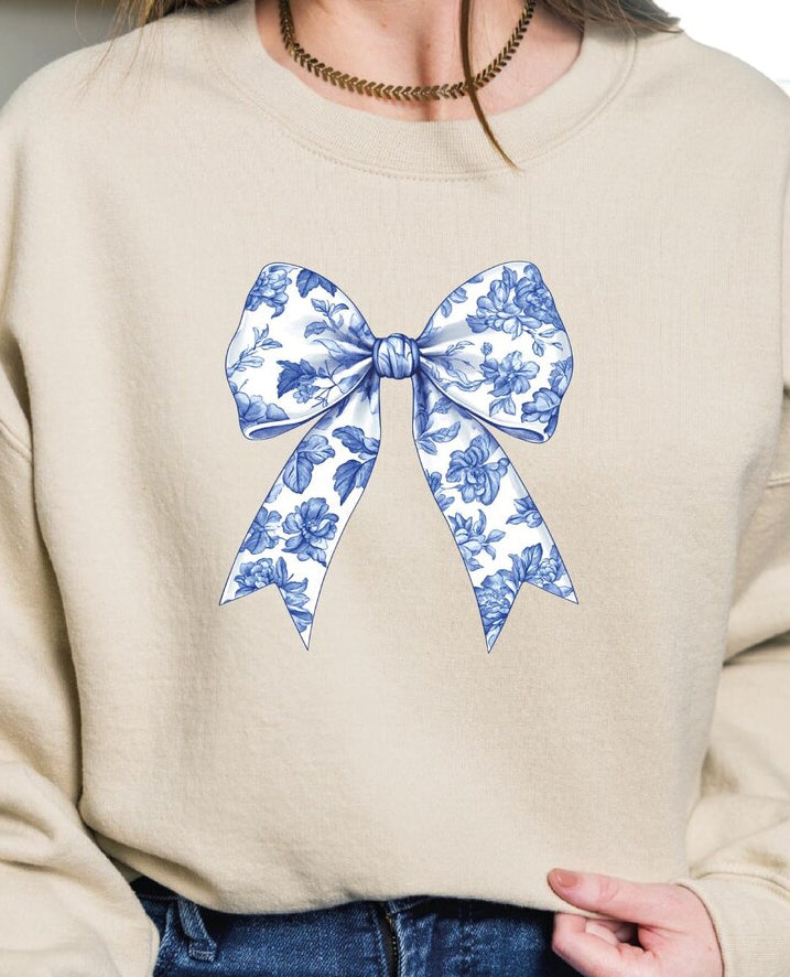 Floral Blue & White Bow