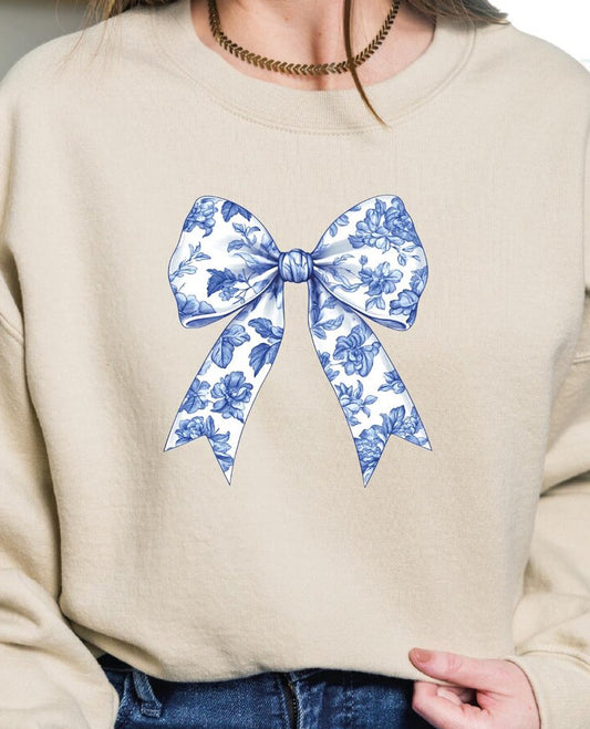 Floral Blue & White Bow