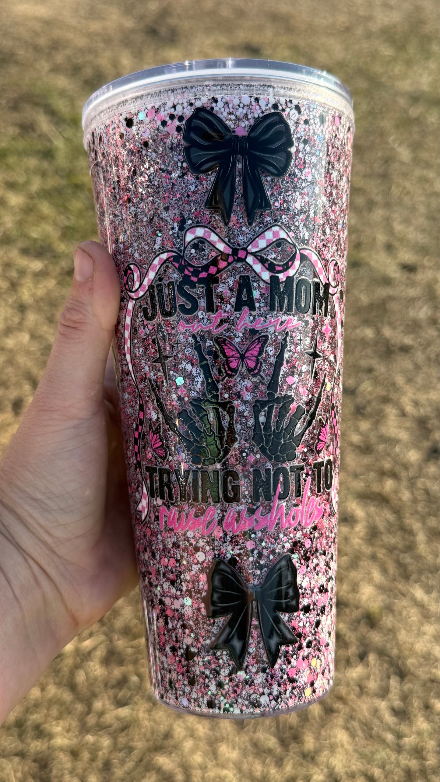 (24oz Plastic Snowglobe- Just a mom trying not to raise assholes