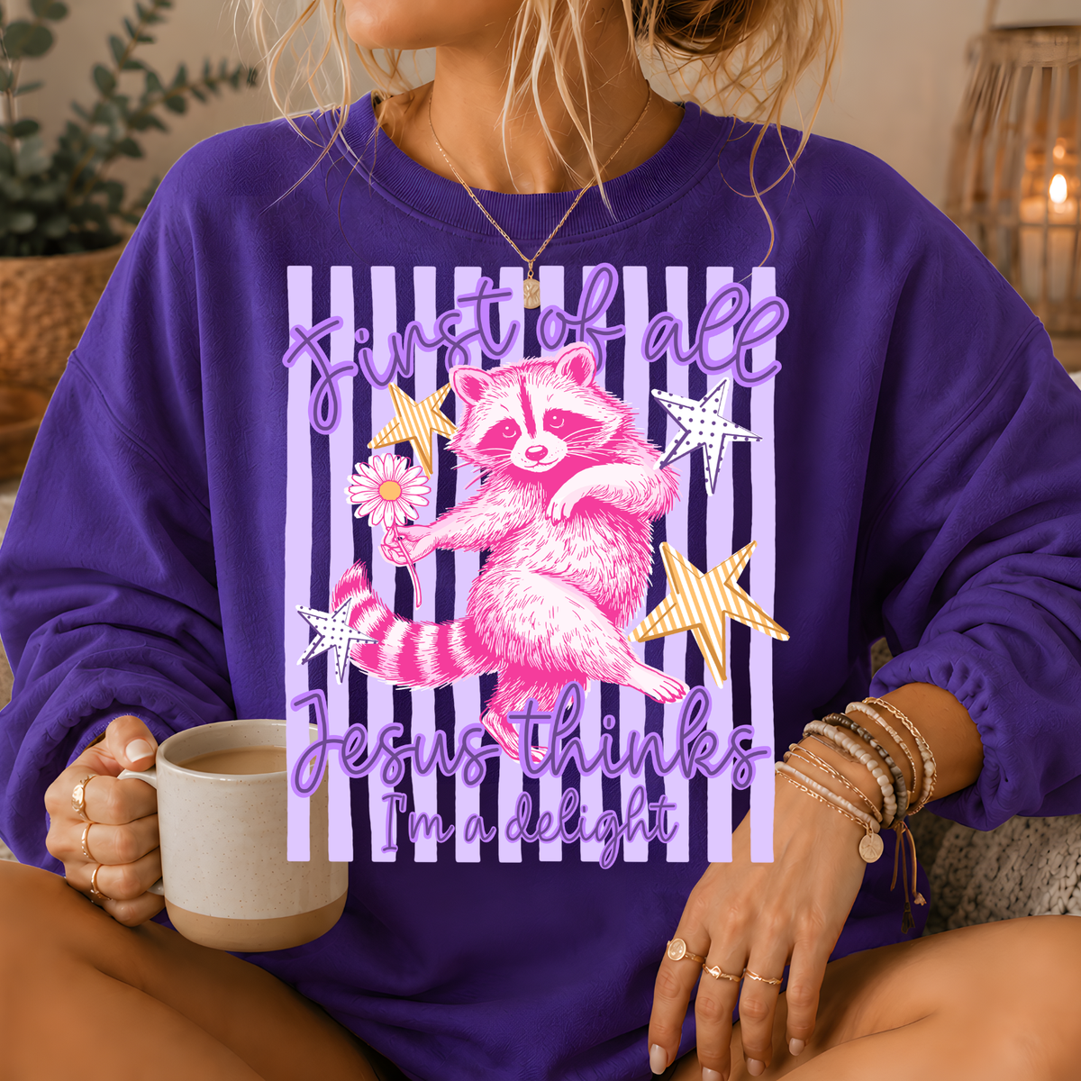 Jesus Thinks I'm a Delight Raccoon Crewneck Sweatshirt