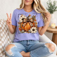 Fall Pumpkin Floral & Plaid Bow Graphic Tee