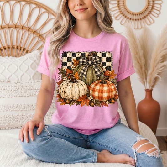 Rustic Fall Pumpkin Trio & Gingham Bow Graphic Tee